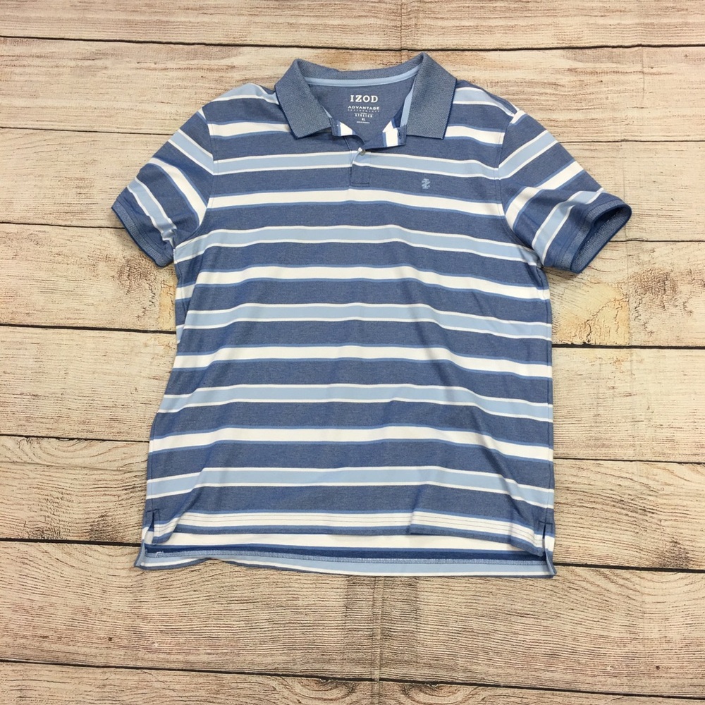 😍 Izod Blue and White Striped Men's Short Sleeve Polo Shirt Size XL